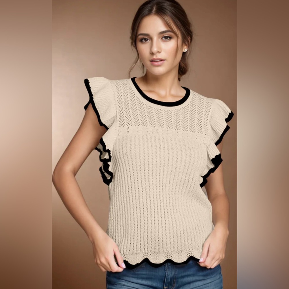 Jodifl Cream Knit Ruffle Sleeve Top with Black Trim Size Small